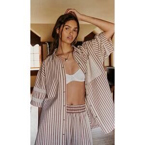 NEW Intimately Free People Neutral Combo Brown Stripe Clear Skies Lounge Shirt